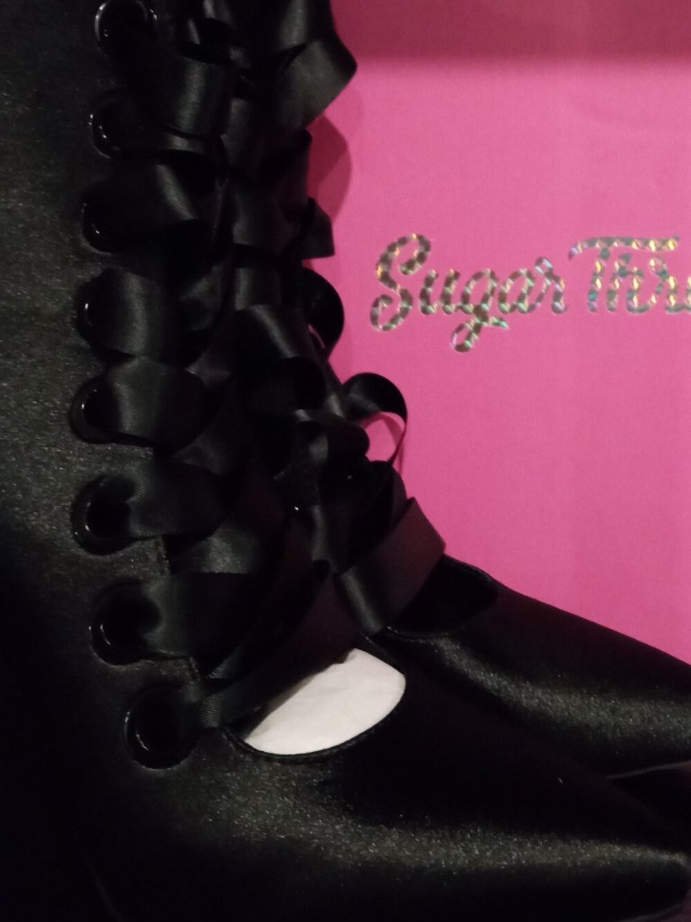 Dolls Kill Sugar Thrillz All Night Long Black Satin Heels